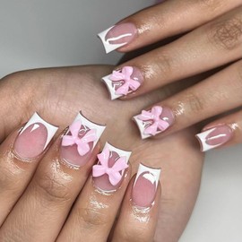 French Press on Nails Short Square RIICFDD Nude Pink Fake Nails Acrylic Full Cover False Nails Pink Bow Charms Designs Cute Press on Nail Glossy Stick on Nails for Women Girls 24 Pcs