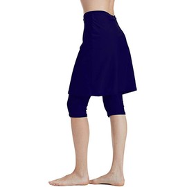 Akaeys Women's Swim Skirt with Attached Capri Leggings Sun Protection Athletic Sports Swimwear Bottom Navy Blue