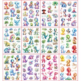 Dinosaur Glitter Tattoo Set Children, 12 Sheets Dino Fake Tattoos for Children, Gifts for Boys Girls, Birthday Party Gift Small, Skin-friendly Temporary