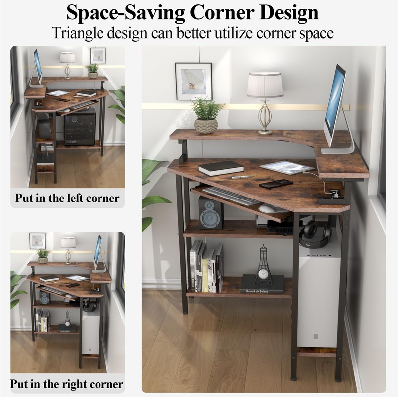 Triangle Corner Desk with Charging Station and LED Light for
