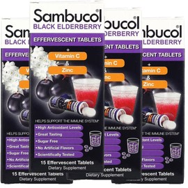 Sambucol Black Elderberry + Vitamin C and Zinc Effervescent Tablets, 4, 15 Tablets / 삼부콜 블랙 엘더베리 + 비타민 C 엔 아연 발포정 타블렛, 4개, 15정