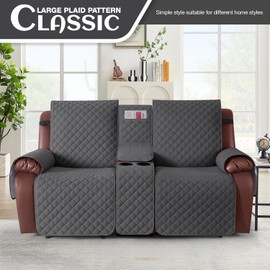 KinCam 100% Waterproof Recliner Loveseat Cover with Console, Non-Slip Reclining Couch Covers for 2 Seat, Recliner Sofa Cover Furniture Protector with Elastic Straps for Kids, Pets, Charcoal Gray