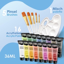 Topsics Acrylic Paint Set for Children, Acrylic Paints Craft Paint Set with Brushes and 1 Mixing Palette, Non-Toxic Acrylic Paint Set for Beginners/Child, Acrylic Paint for Paper, Stone, Wood (16)