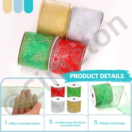 Cimeton 4 Rolls Snowflake Glitter Wired Ribbon 2.5 inch Wide 10 Yards Long Glitter Snowflakes Wired Ribbon Christmas Snowflakes Ribbon Organza Glitter Ribbon for Wreaths Gift Wrapping(Red/Gold/Silver/Green)