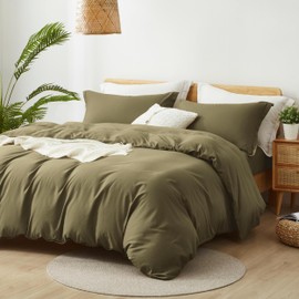 ALAZURIA Queen Size Duvet Cover - 3 Piece Bedding Set (1 Duvet Cover & 2 Pillow Shams) Soft Double Brushed Comforter Cover w/Zipper Closure & Corner Ties - No Comforter (90" X 90", Olive Green)