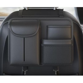 GDGZJJD Premium Leather Car Seat Back Organizer with Cup and Tissue Holder, Multi-Pocket Storage with Adjustable Straps for SUVs, Trucks, Sedans (Black)