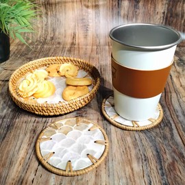 Chicapica 6" Mini Lazy Susan Turntable with 2 Rattan Coasters – Mother of Pearl Rotating Tray for Coffee Bar, Vanity, or Tabletop – Small Boho Decor for Condiments, Perfume & Jewelry Display