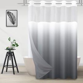 Cortina de ducha larga sin gancho gris degradado con forro de tela a presión, diseño moderno de estilo hotel para baño, doble capa sin anillo con ventana superior de malla transparente, 71 x 77