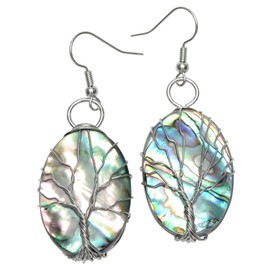 Nupuyai Natural Abalone Shell Drop Earrings for Women, Tree of Life Wire Wrap Shell Dangle Earrings, Oval