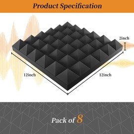8 Pack Acoustic Foam Panels, 12x12x2 Inches Soundproofing Foam for Walls Easy Installation , High Density Pyramid Noise Reduction Panels Adhesive Not Include (Black)