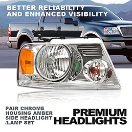 CNNELL Headlights Compatible with Ford F-150 Pickup 2004-2008/Lincoln Mark LT 2006-2008 Headlamps Kit Bumper Lamp Set Clear Lens Chrome Housing Amber Reflector