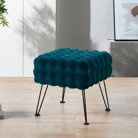 Warmaxx Teal Square Faux Fur Bubble Ottoman Soft Fuzzy Entryway Bench Seat, 17"x17"x17" Sturdy Accent Coffee Table for Living Room Make Up Vanity Shoe Stool Bedroom Closet Foot Rest