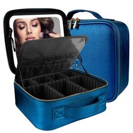 MOMIRA Travel Makeup Bag Cosmetic Bag Makeup Organizer Bag with Large Lighted Mirror 3 Color Scenarios Adjustable Brightness, Waterproof Makeup Travel Case（Phantom Blue）