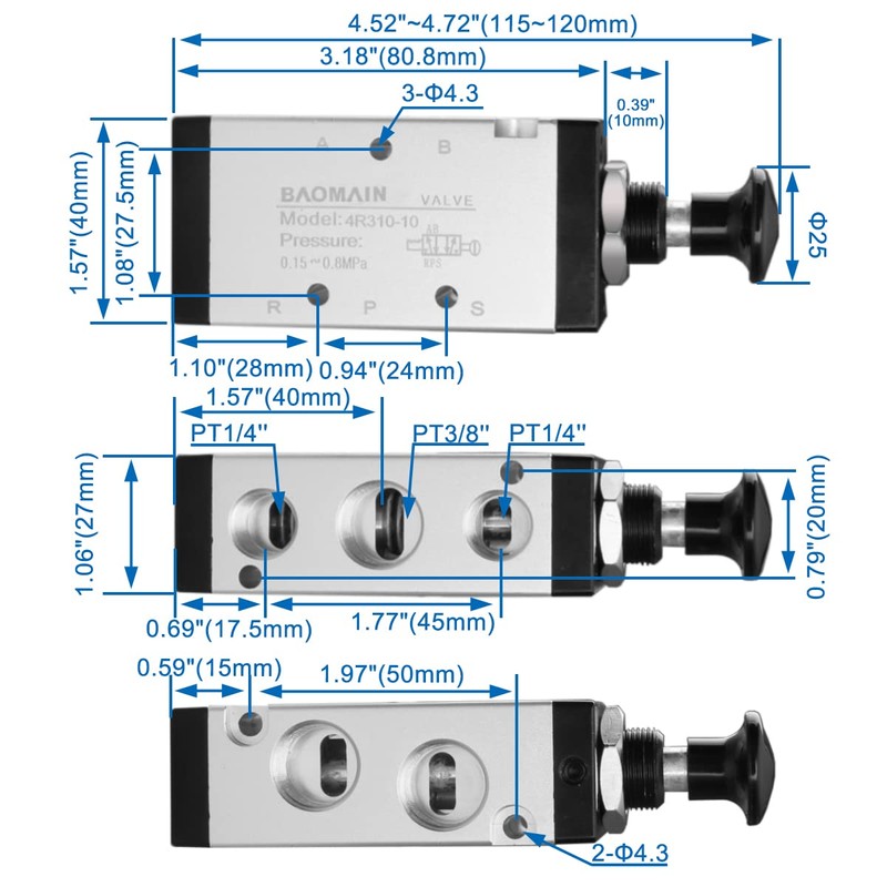 Baomain Hand Pull Valve 2 Position 5 Way G3/8 Air