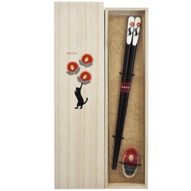 Issho, Painted Chopsticks Auspaulownia Box, Includes Chopsticks Rest, Black Cat and Camellia, 9.1 inches (23 cm), Made in Japan