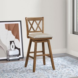 Home 2 Office Brookline 2.0 Swivel Bar Stool Chair, 360° Swivel, Rustic Farmhouse Design, 29" Seat, Distressed Oak Wood Finish, Beige Linen Cushion, Counter-Height Stool for Kitchen or Bar