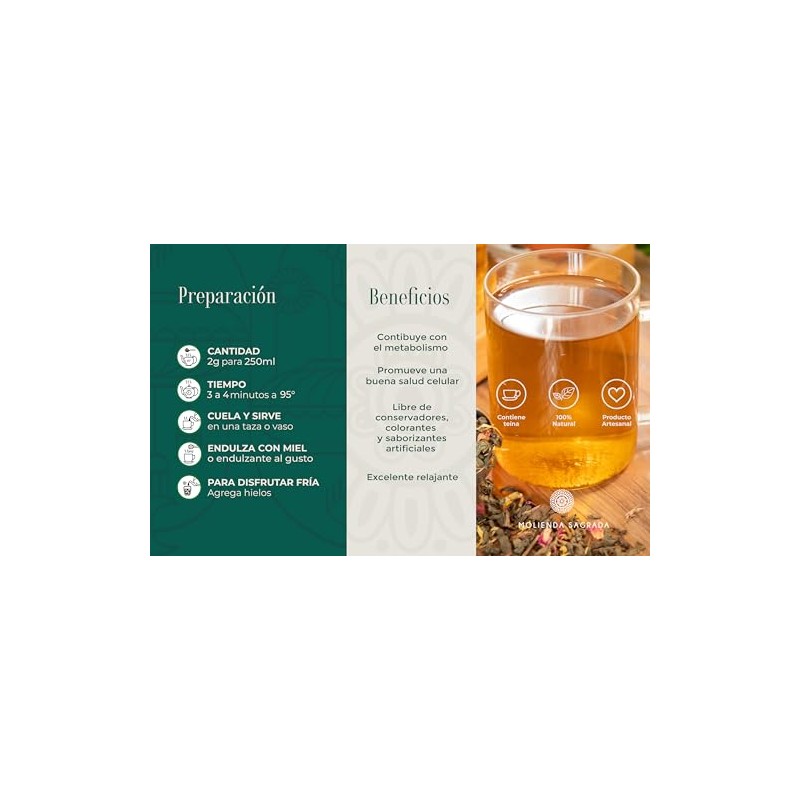 Molienda Sagrada, Té Verde Floral, Infusión con té verde en