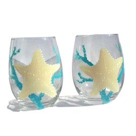 Starfish Blue Coral Stemless Hand Painted Wine Glasses Set of 2 Beach Home Decor