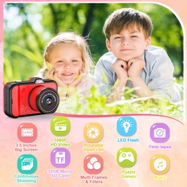 Ushining Children's Camera, 3.5 Inch Large Screen Children's Camera with 360° Rotating Zoom Lens LED Flash 1080P Selfie Digital Camera Children with 32GB Card Camera Children Photo Camera Children for