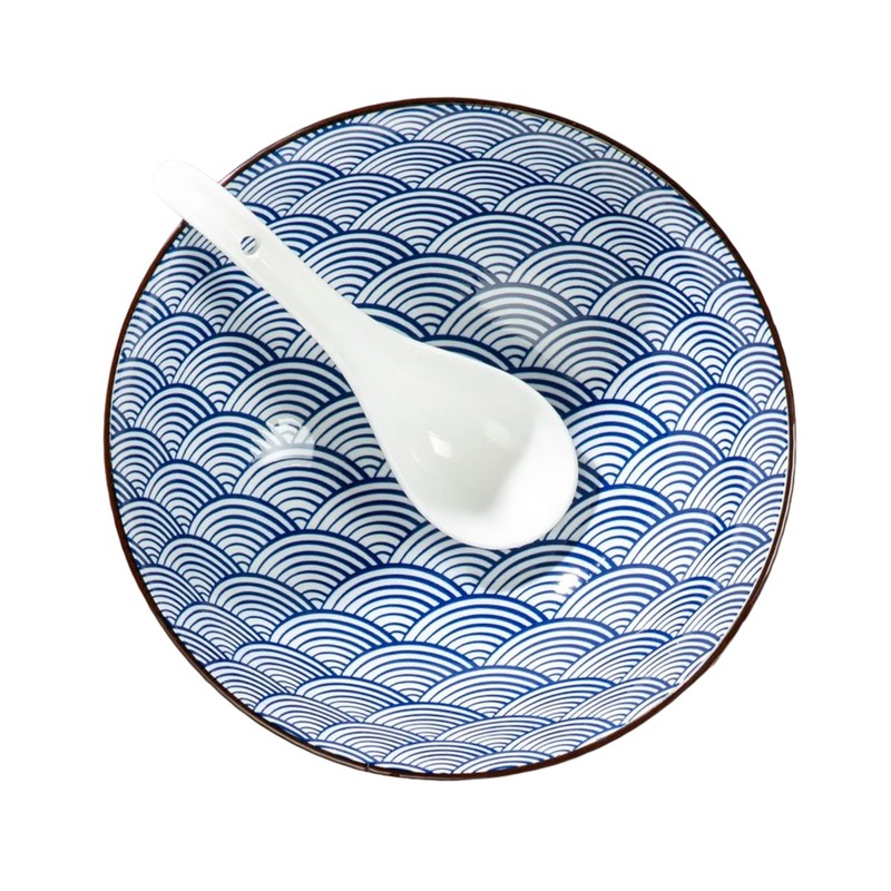 Signature Housewares Blue and White Pattern Ceramic Noodle Ramen Soup