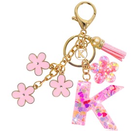 Jusen Resin Alphabet Initial Letter Keychain Tassel Flower Pendant Key Ring for Purse Handbag Car Keys, K-pink, universal