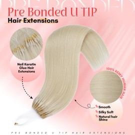 S-noilite U Tip Hair Extensions Human Hair Upgraded Micro Ring K Tip Hair Extensions Real Human Hair Pre Bonded Nail Tip Keratin Hair Extensions 50g/50 Stands 20 Inch Platinum Blonde