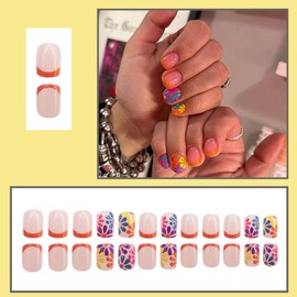 24 Pcs Spring French Nude Press on Nails Short Square - YIHONGYAN Acrylic Nail Art Kit Glue on Nails Fake Nails Press ons Nail Tips Full Cover Cute Daisy False Nails Stick on Nail Supplies for Women