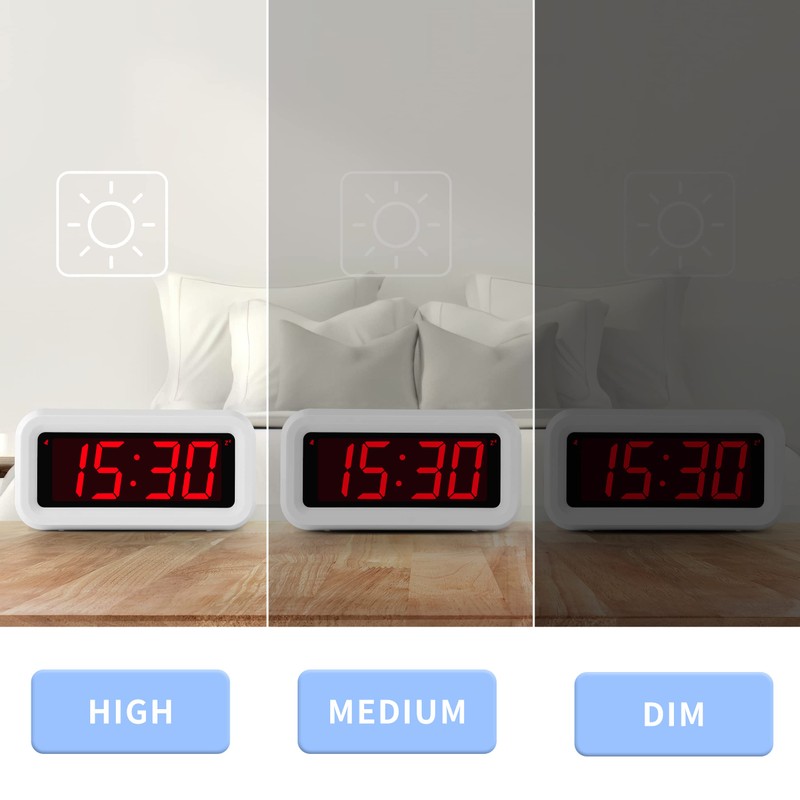 Alarm Clock, Digital Clock, Auto Night-Mode, 3-Level Led Brightness, Battery