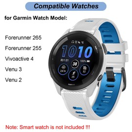 22mm Quick Release Watch Band for Garmin Forerunner 265/Forerunner 255/Vivoactive 4/Venu 3/Venu 2 - Soft Silicone Replacement Band Watch Strap (White/Blue)