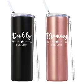 Daddy and Mommy Est 2026 Skinny Tumbler.New Parents Pregnancy Gifts.Fathers Day Mothers Day Christmas Birthday Gifts Ideas for New Mom Dad.Parents to Be Baby Shower Gifts(20oz Black&Rose Gold)