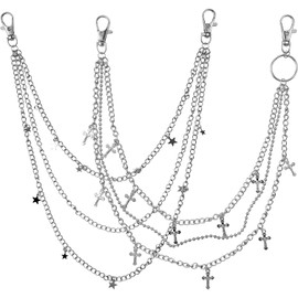2Pcs Hip Hop Pants Chain Jean Chain,Star and Crucifix Layered Pant Chains,Stylish Denim Chains for Gothic Punk Fashion Body Accessories for Women Girls, Rock Wallet Chain