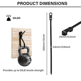 Heavy Duty Black Zip Ties with Screw Hole 12 inch 25 PCS, 50lbs UV Resistant Nylon Cable Ties Straps for Secure Indoor/Outdoor Mounting