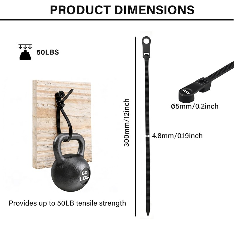 Heavy Duty Black Zip Ties with Screw Hole 12 inch