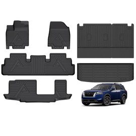 ANBINGO® Floor Mats & SeatBack Cargo Liner | Pathfinder 2022-2025 8 Passenger | 2nd Row with Bench Seat | (Velcro Tape Fixed Backrest) TPE 3 Rows Car Mat Waterproof, Accessories