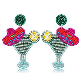 Boderier Cinco De Mayo Beaded Earrings Sombrero Hat Drink Cocktail Glass Beaded Drop Earrings Summer Statement Dangle Jewelry (Green)