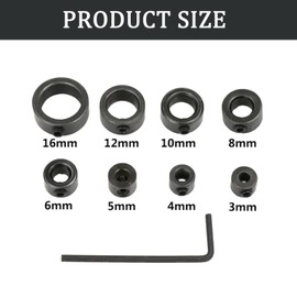 Drill Depth Stop, 8 Pcs Drill Bit Depth Stop Collar Ring Positioner Locator, 3/4/5/6/8/10/12/16mm with Hex Key Wrench Spacing Ring Accessories for Consistent Drilling Depth in Woodworking DIY Projects