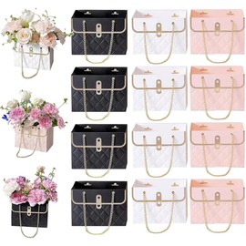 12PCS Flower Paper Gift Bag, Bouquet Storage Bucket Florist Handbag with Metal Chain, Gift Craft Wrap Bag for Wedding Party Valentine's Day Birthday Mother's Day Bridal Shower Gift Wrap Bags (Black Pink White)