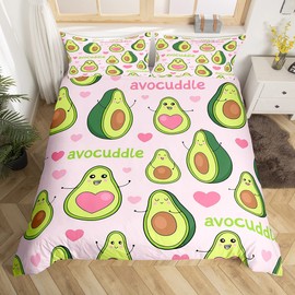 Homewish Avocado Comforter Cover Kawaii Bedding Set for Girls Boys,Funny Cartoon Avocado Tropical Fruit Duvet Cover Pastel Pink Heart-Shaped Quilt Cover Cute Lovely Food Themed Room Decor Single Size