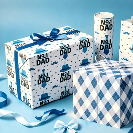 Vnaaem Reversible Father's Day Wrapping Paper Roll for Dad Men Gradpa - Blue Gift Wrap with Tie, Hat, Plaid Design for Holiday Supplies(Total 28.5sq.ft)