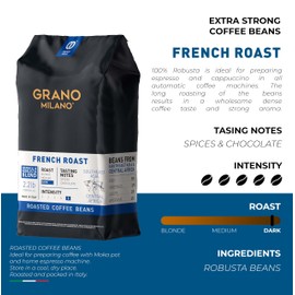 Grano Milano Grano Milano Robusta Coffee Beans, 1kg French Roast Robusta Blend, Dark Roast, Intensity 5/5 Extra Strong Coffee, Made in Italy