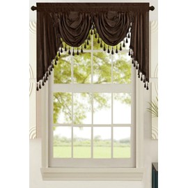 All American Collection New Attached Solid Faux Silk Double Waterfall Valance with Tails (55" x 32", Chocolate Valance)