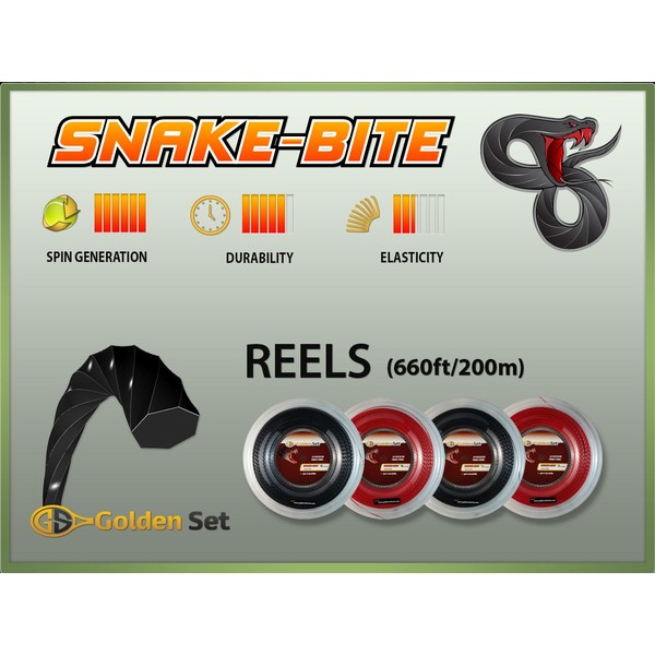 Golden Set Snake-Bite Polyester Tennis String (Black, 17 Gauge Reel (660ft/200mm)