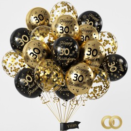 Yiran 15pc Black Gold 30th Birthday Balloons for Men Women, 12 inch, Happy 30th Birthday, Confetti, Unisex-Adults, Kids