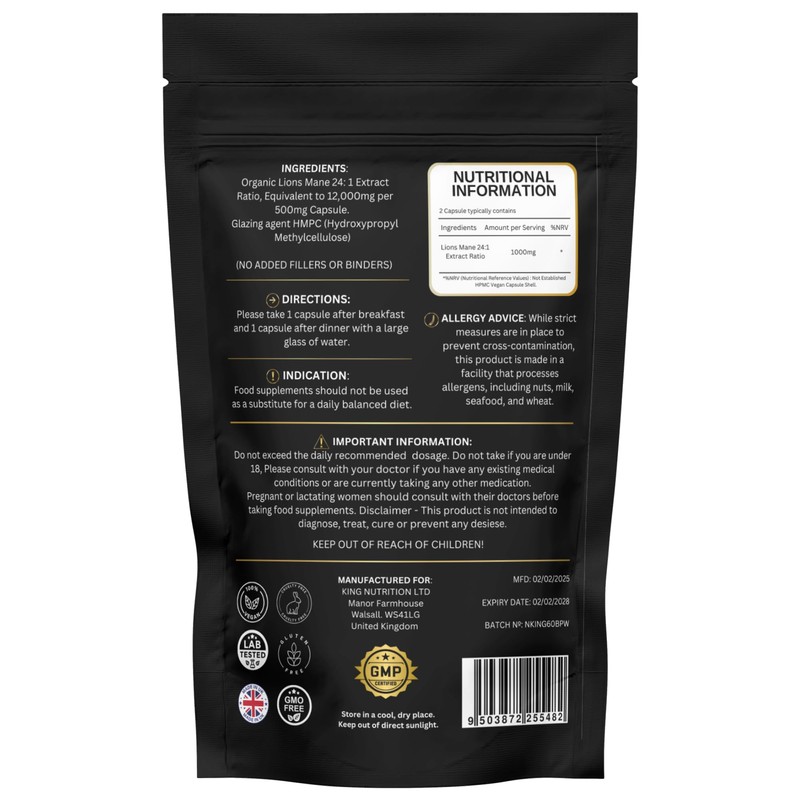 Nutrition Kings Lion’s Mane Mushroom Supplement 1000mg – 60 Vegan