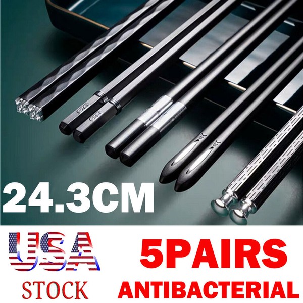 5 Pairs Chinese Chopsticks Black Silver Mixed Non-Slip Sushi Chop