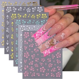 6Pcs Flowers Nail Art Stickers Decals 3D Pink Hibiscus Flower Nail Stickers Rose Gold Silver Yellow White Floral Nail Art Design Decoration Daisy Petals Nail Decals Cute Nail Supplies for Women Girls
