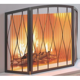 Kingson Childproof Fireplace Screen 3- Panel Modern Handcrafted Wrought Iron Foldable Metal Mesh, Heavy Duty Decorative Fireplace Spark Guard Cover for Living Room Home Decor Black Finish