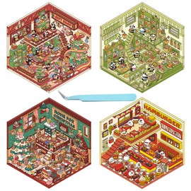 4Sets 3D House Stickers with Tweezers, Fun Make Your Own Store Kitchen Miniature Scene Stickers, Cute Cartoon Panda DIY Craft Scrapbook Stickers for Relaxing and Passing The Time