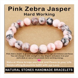 AD Beads Handmade Gemstone Stretch Elastic Bracelet Crystal Healing Reiki Nature's Beauty and Spiritual Essence Unisex (8mm, Pink Zebra Jasper (Hard Working))