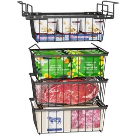iSPECLE Freezer Organizer Bins - 4 Pack Medium Stackable & Hanging Deep Freezer Organizer Bins for 5 Cu.Ft Chest Freezer Easily Gets Bottom Food, Adds Space to Store More Food, Black
